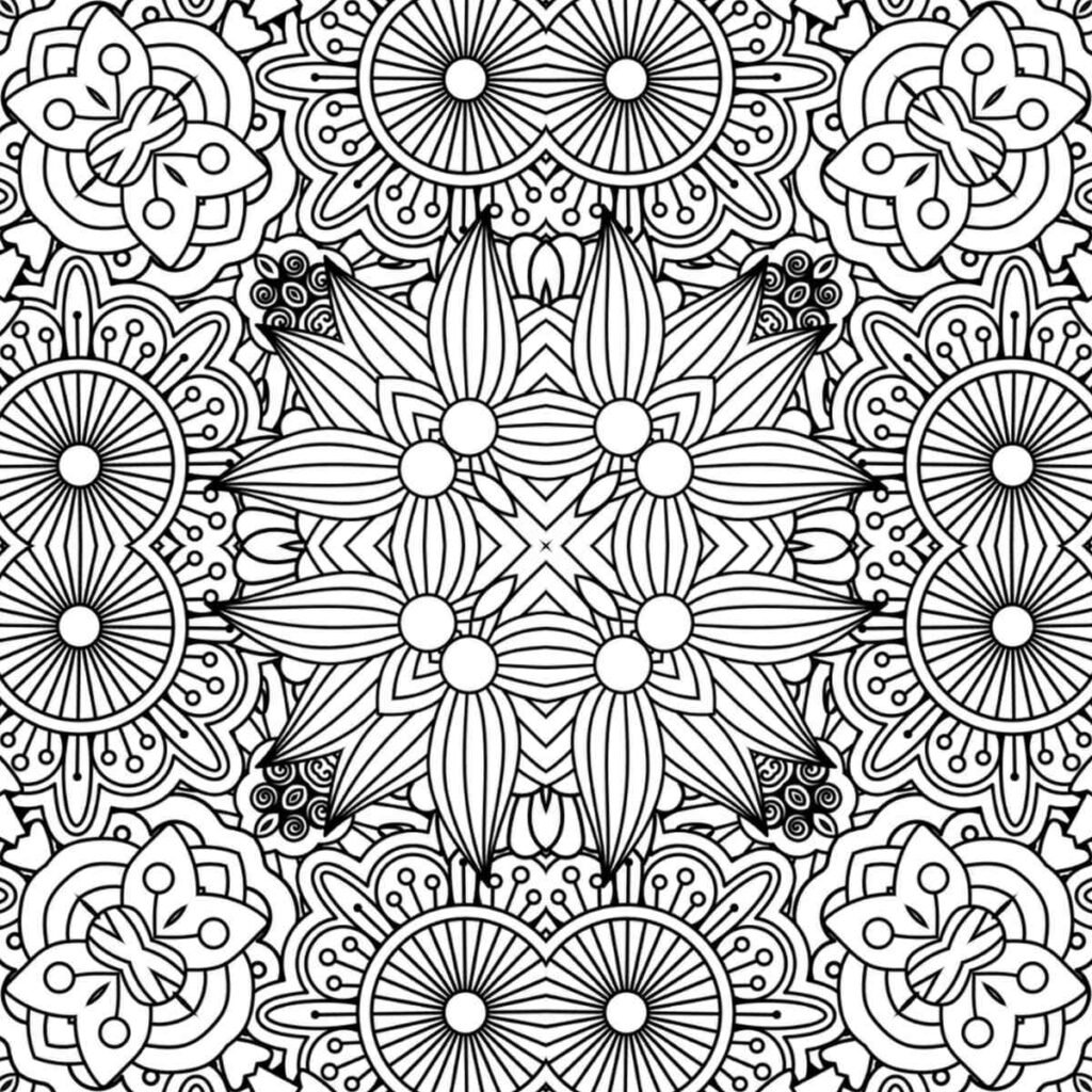 Intricate black and white floral mandala with radiating petals, fan-like patterns, and delicate butterfly motifs in corners, perfect for mindful relaxation