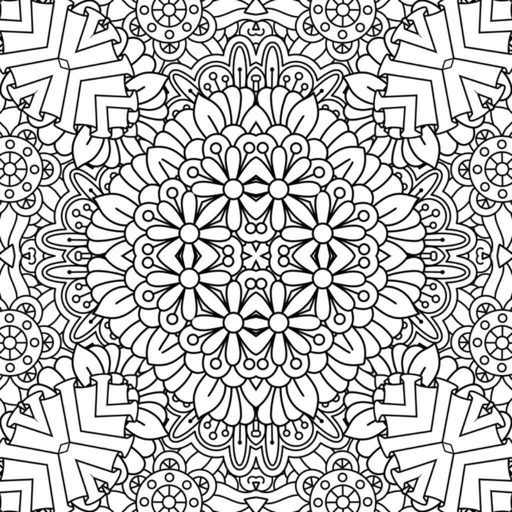 Detailed floral mandala coloring page with repeating patterns, perfect for adult mindfulness and stress relief.