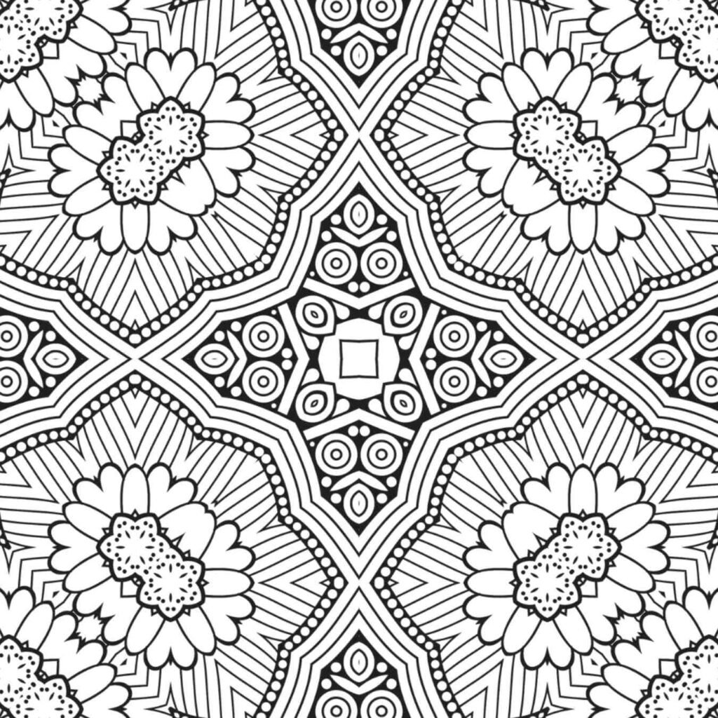 Intricate floral mandala design for adult coloring, promoting relaxation and creativity.