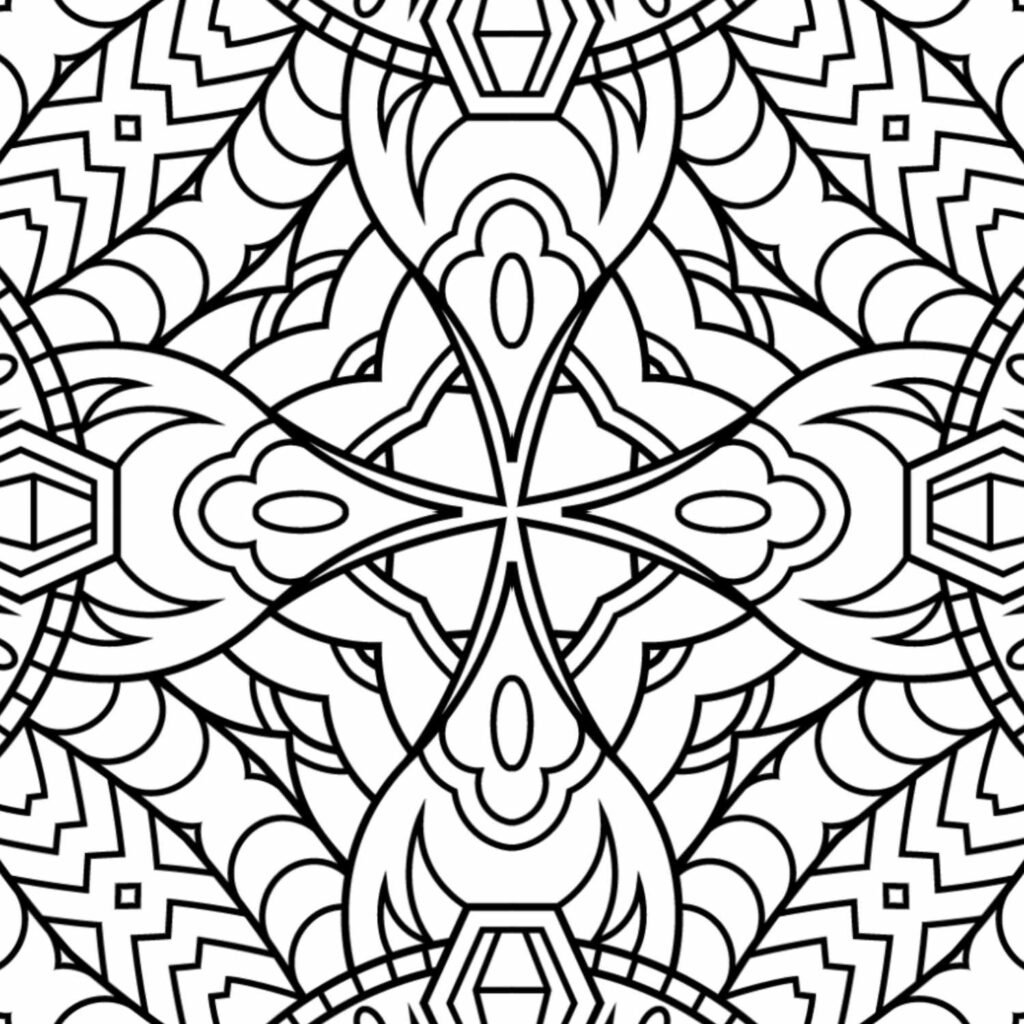 Beautiful symmetrical square mandala coloring page with a central four-petal flower motif and intricate geometric patterns.