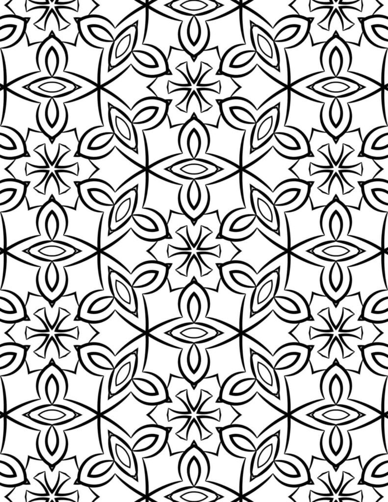 Black and white mandala coloring page with repeating cross flowers, petal motifs, and diamond eye patterns in seamless geometric design for stress relief coloring
