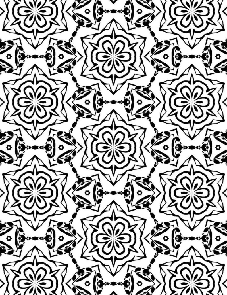 Free printable mandala coloring page featuring a repeating black and white pattern of six-petal floral stars interconnected by intricate geometric elements, ideal for meditative coloring and textile-inspired crafts.
