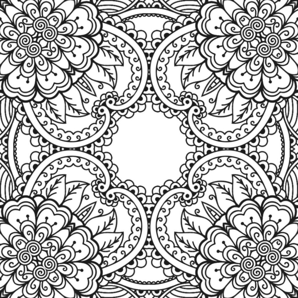 Free printable mandala coloring page featuring detailed floral motifs with spiral centers, elegant swirls, and leafy patterns for calming mindfulness and relaxation