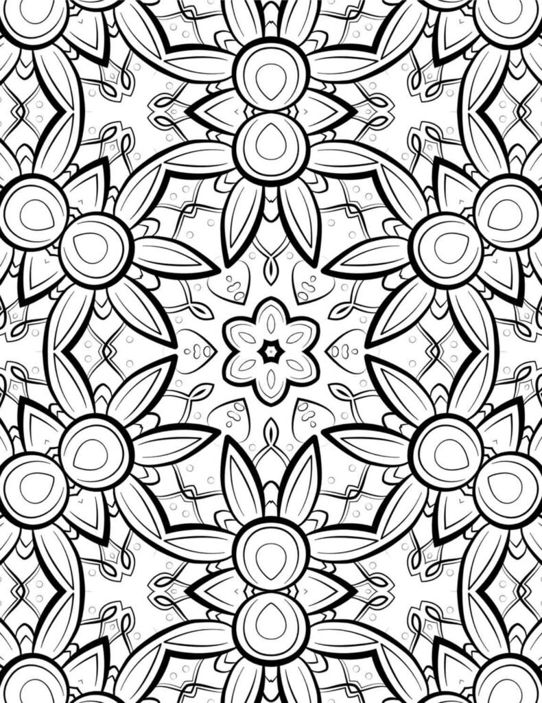 Beautiful floral mandala coloring page with symmetrical blooming patterns, perfect for mindful relaxation and creative expression.