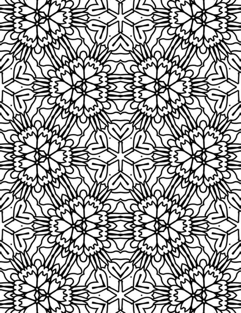 Detailed starburst mandala coloring page for adults, intricate floral geometric pattern for mindfulness and creativity.
