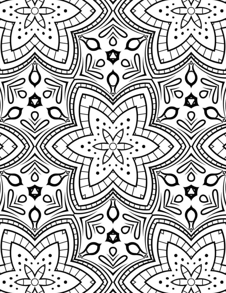 Repeating floral mandala pattern for adult coloring, intricate bloom design, printable symmetrical artwork for relaxation