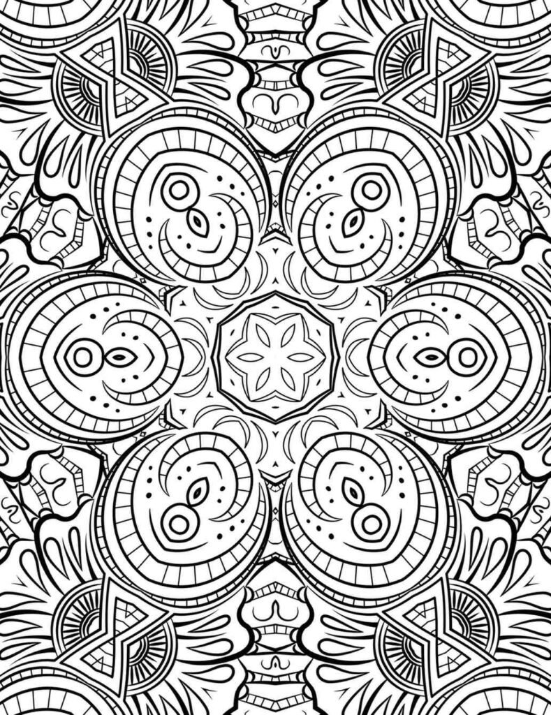 Striking black and white Art Deco inspired mandala with bold spirals, concentric circles, and geometric patterns, ideal for adult coloring and meditation.