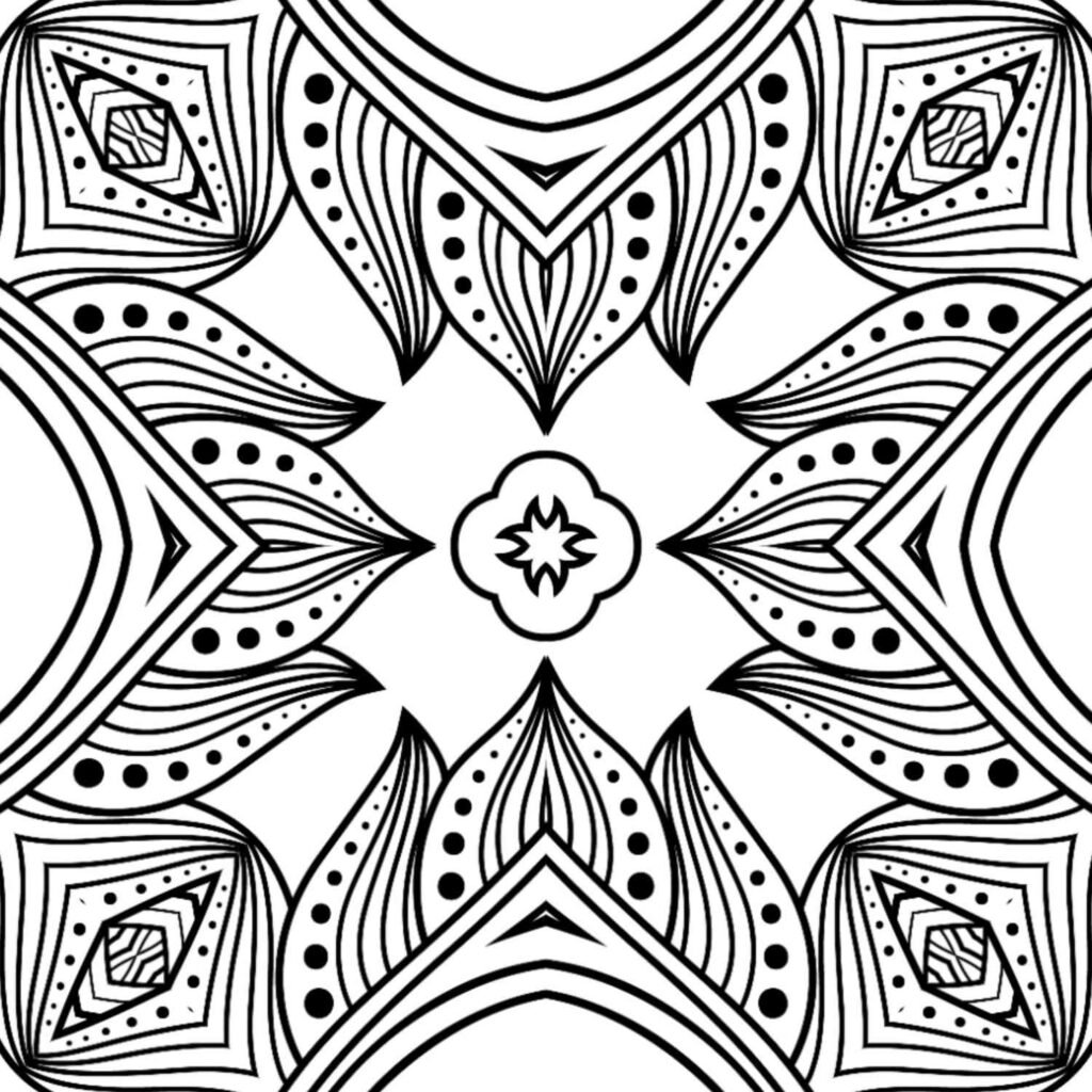 Modern geometric mandala coloring page with stylized leaves and dots, bold lines, adult relaxation art