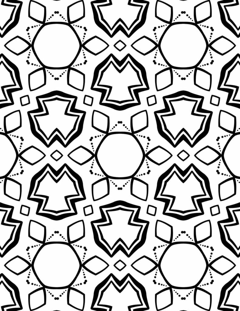 Strong geometric mandala pattern with repeating shield-like motifs, circular elements, and dotted accents, ideal for striking coloring projects.
