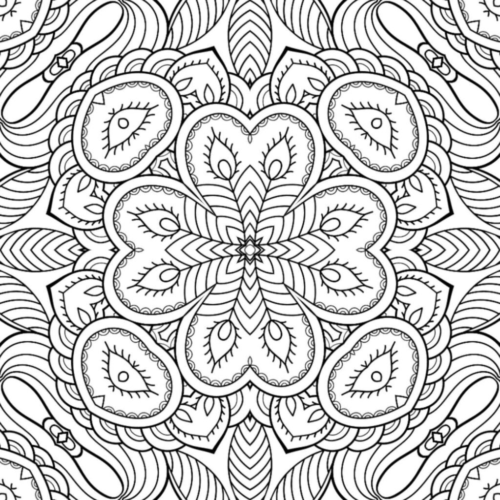 Highly detailed square mandala design featuring a large central floral bloom, intricate eye-like petals, and flowing organic patterns for adult coloring.