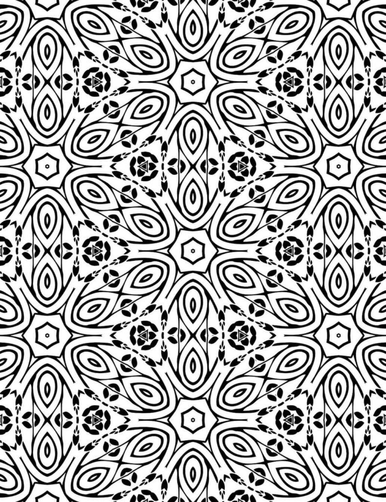 Detailed black and white mandala with leaf and seed pod patterns, ideal for mindful coloring