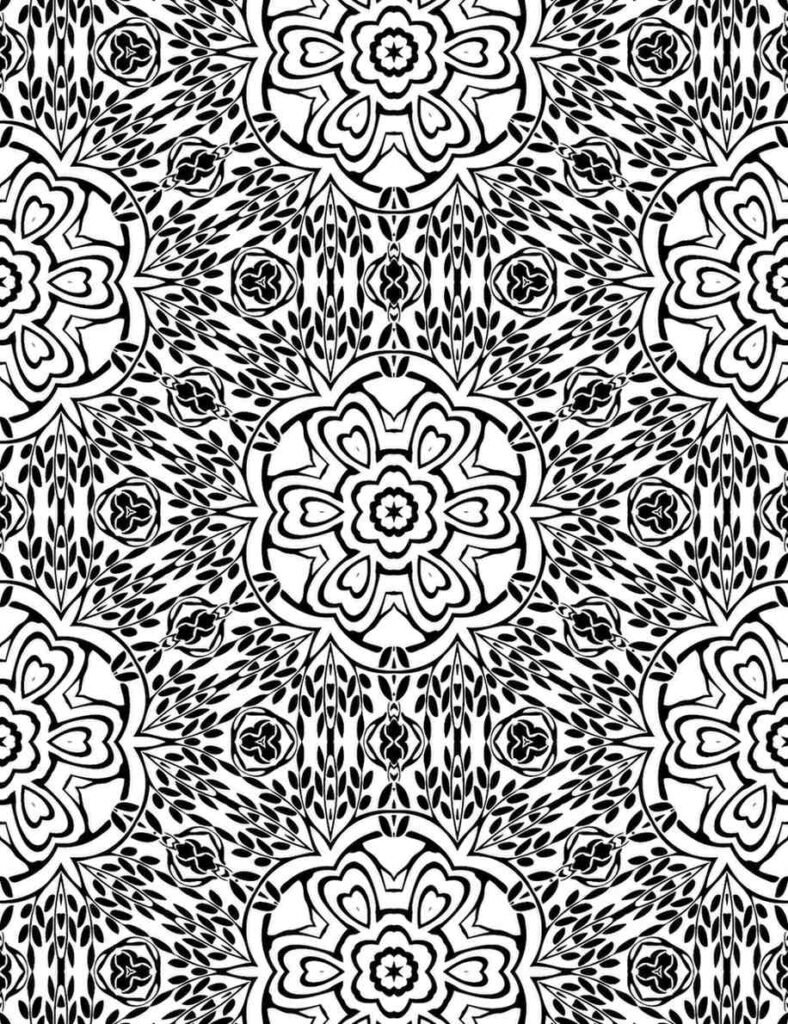 Dense black and white botanical heart mandala with leaves and petals, for detailed coloring, mindfulness, and artistic escape.