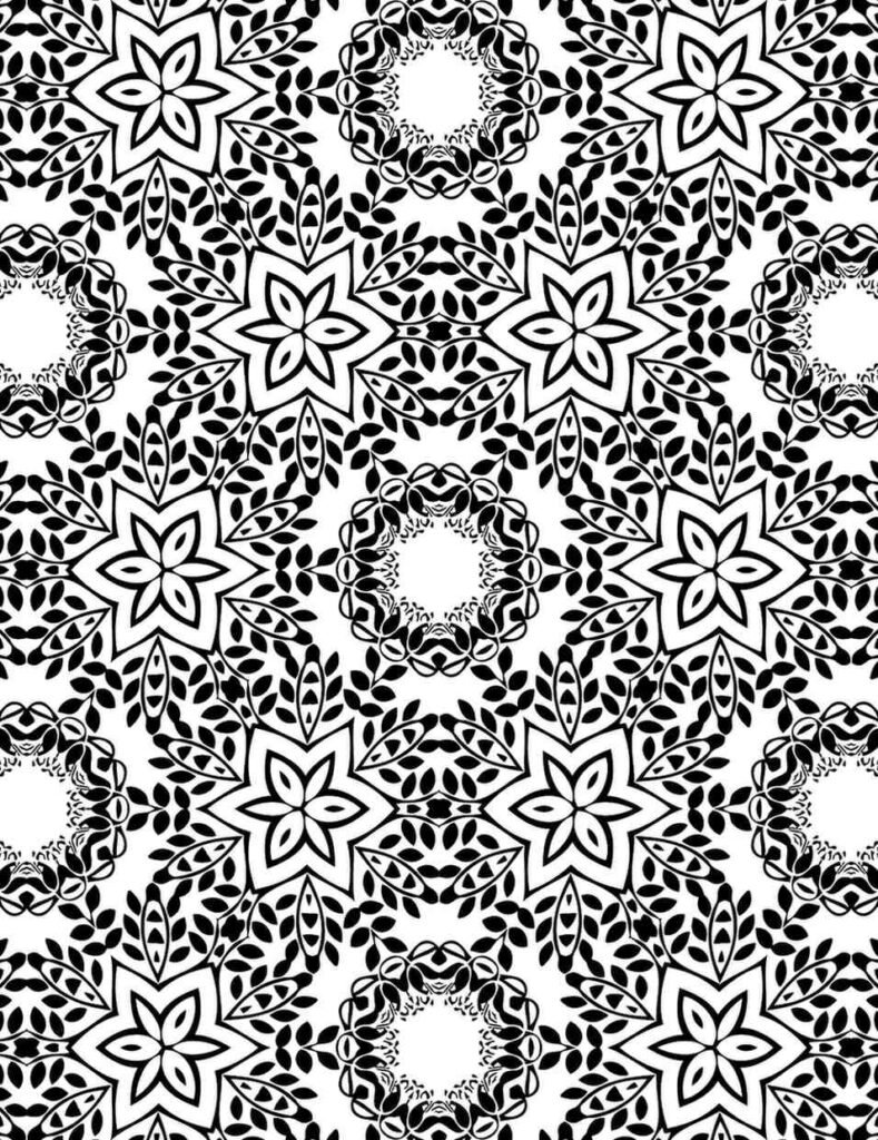 Intricate black and white botanical mandala pattern with dense leafy motifs, four-petal floral stars, and seamless organic design, perfect for nature-inspired coloring.