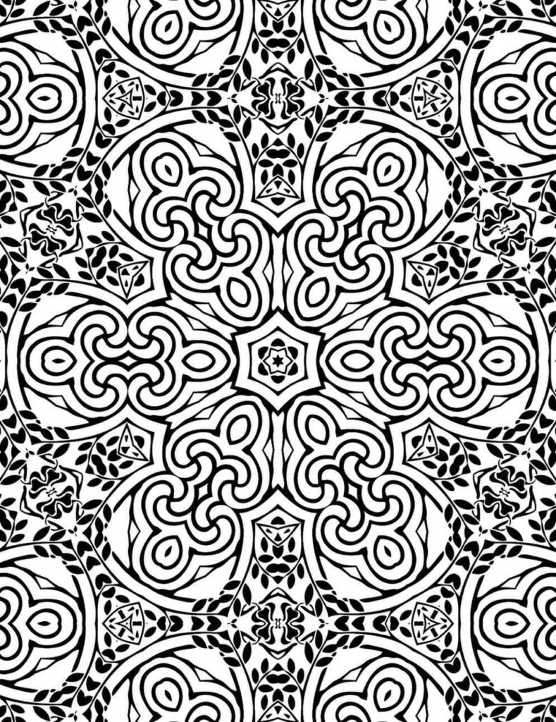 Detailed black and white botanical scrollwork mandala for coloring and relaxation