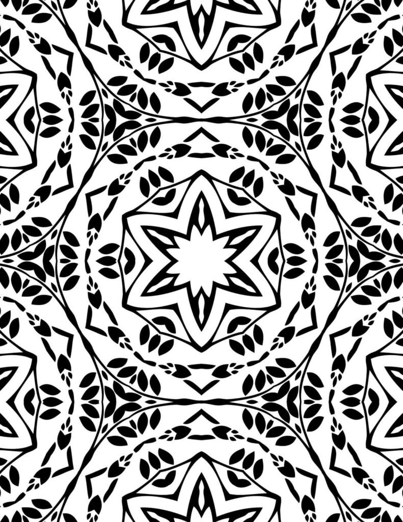 Detailed black and white botanical star mandala with intricate leaf patterns, perfect for mindful coloring and stress relief.