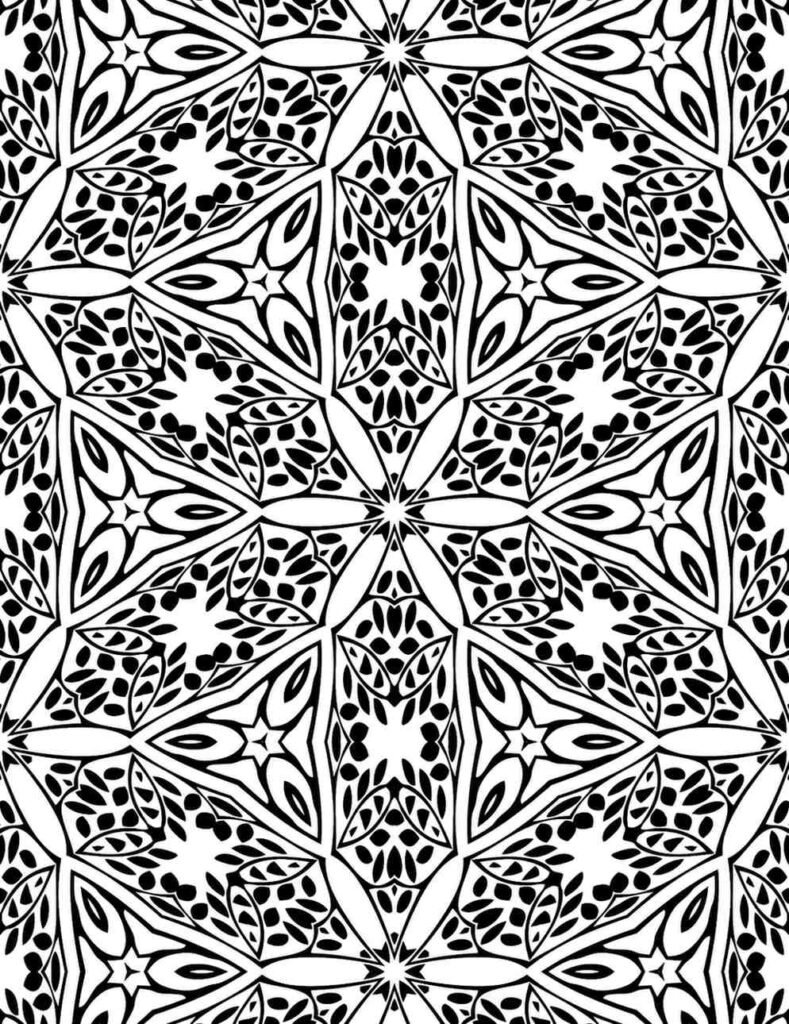 Free printable mandala coloring page featuring a repeating black and white pattern of intricate star shapes filled with delicate leaf motifs and flowing arabesque elements, ideal for mindful art and natural design.