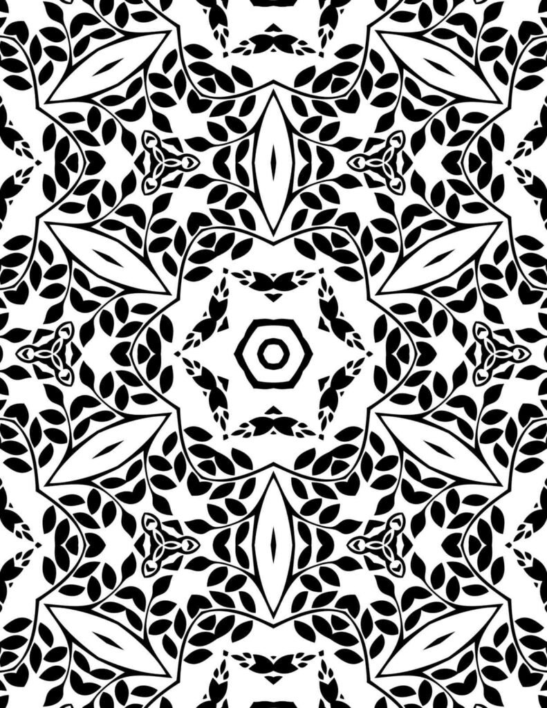 Lush black and white mandala with dense leaf patterns, intricate vines, and geometric floral motifs, perfect for calming coloring.