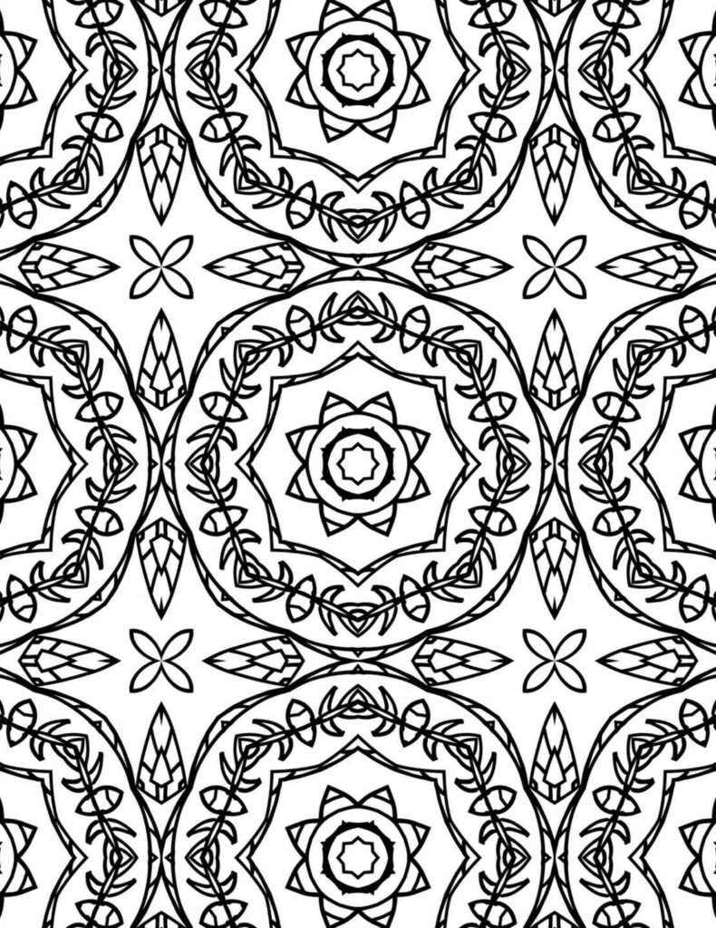 Free printable floral mandala, intricate vine and leaf patterns, adult coloring page for relaxation