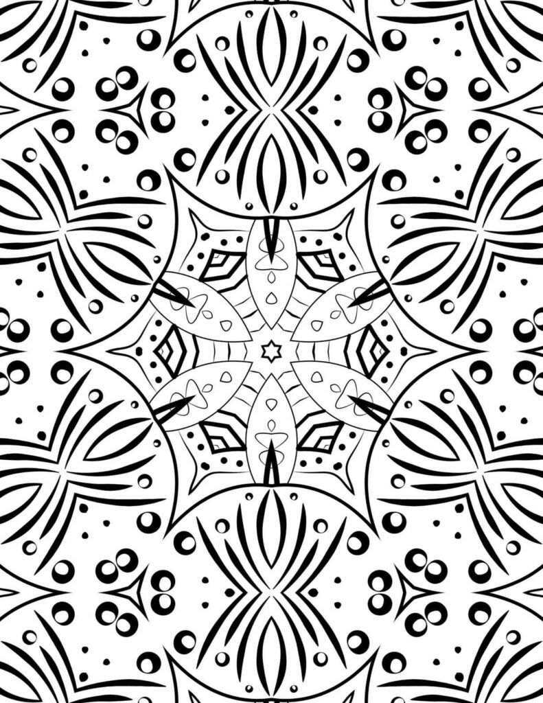 Intricate black and white mandala with a central six-pointed star flower, bold tribal-like patterns, and delicate dot details for relaxation.