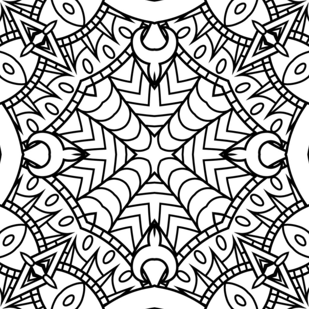 Highly intricate square mandala coloring page with a central radiating star and detailed celestial-inspired patterns.