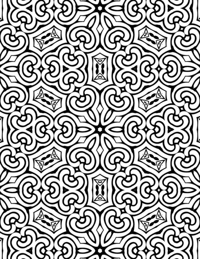 Free printable mandala coloring page featuring a repeating black and white pattern of intricate looping Celtic-inspired knotwork, organic swirls, and subtle geometric accents, ideal for stress relief and focused art.