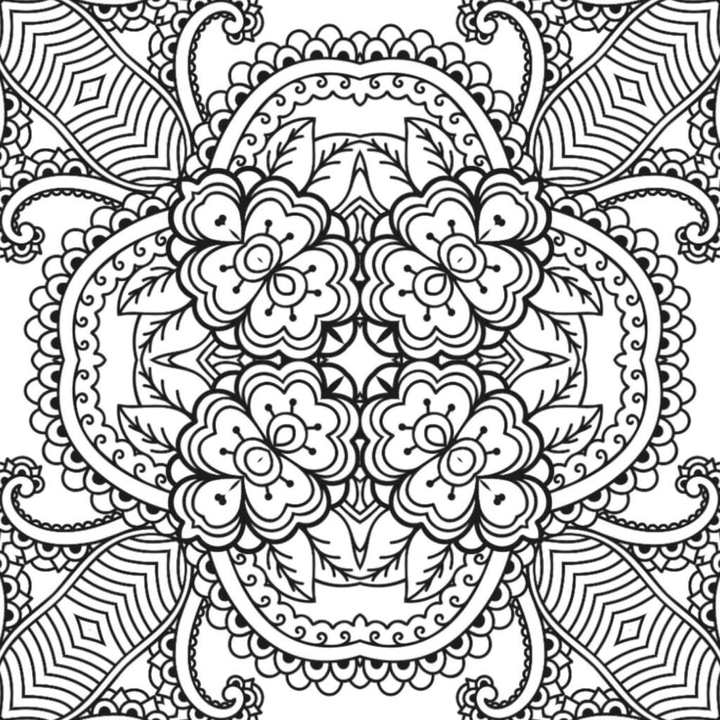 Free printable mandala coloring page with prominent central flowers, delicate leaves, textured paisley-like motifs, and intricate borders for mindful relaxation and artistic expression