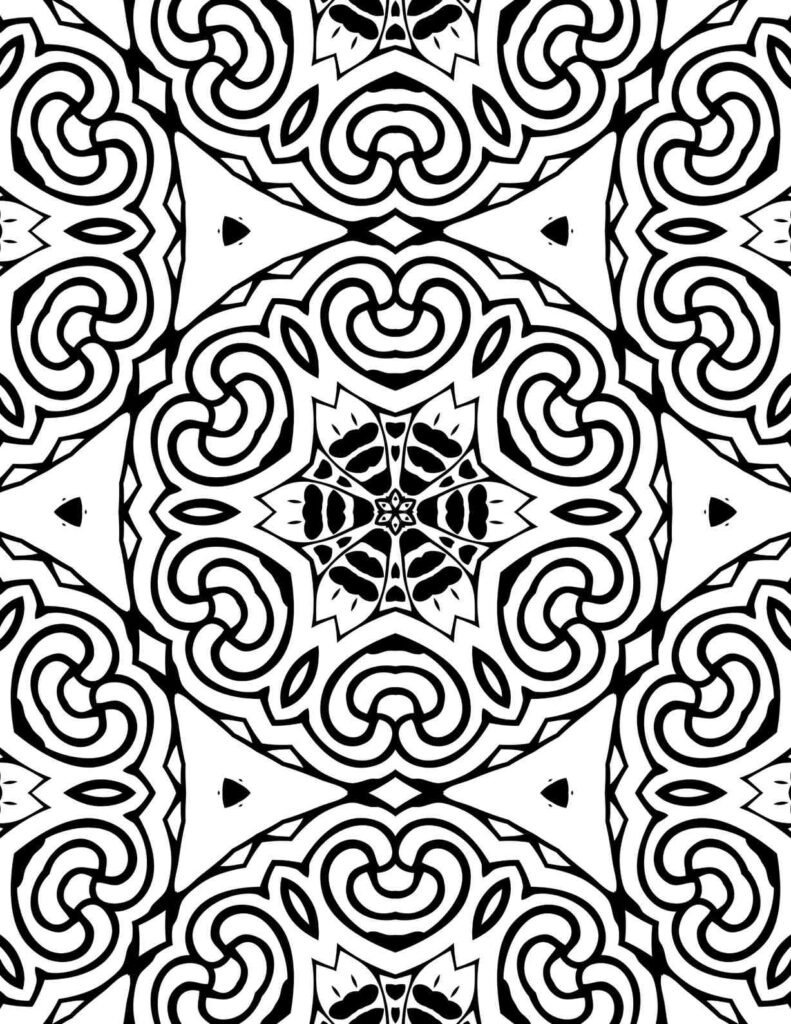 Intricate black and white mandala with bold swirling lines, heart-like shapes, and a central star pattern, ideal for meditative coloring.