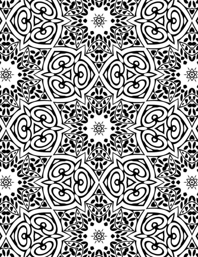 Intricate black and white botanical mandala for mindful coloring, meditation, and creative challenge.