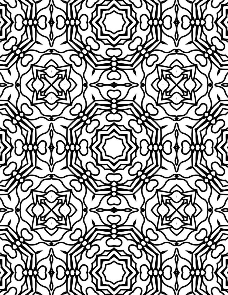 Free printable geometric mandala, intricate star and square patterns, adult coloring page for focus