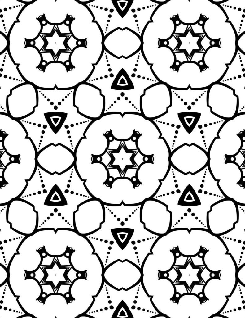 Symmetrical black and white mandala with central starflowers, dotted orbital paths, and small triangular accents, perfect for tranquil coloring.