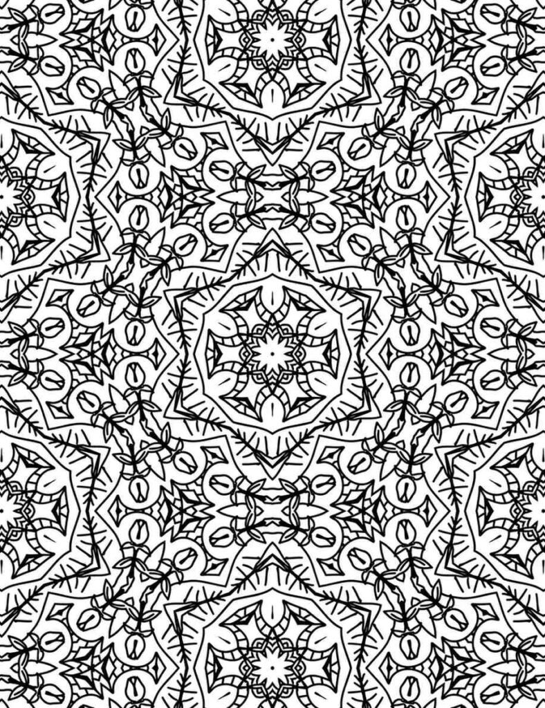 Intricate symmetrical mandala coloring page for adults, detailed cosmic and floral pattern for mindfulness.