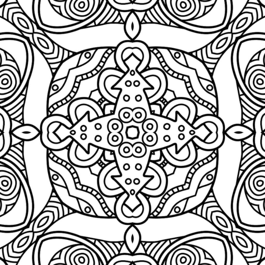 Intricate cosmic compass mandala coloring page with central cross and radiating patterns, free printable for mindful focus and artistic exploration.