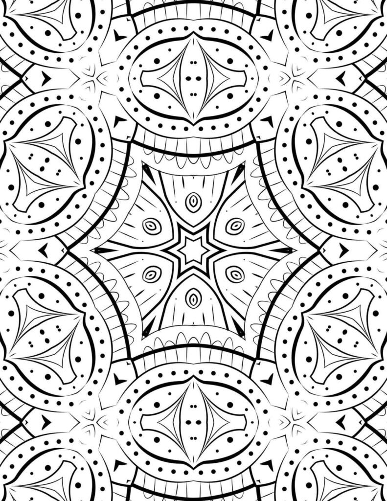 Intricate cosmic eye mandala coloring page with central star, repeating oval motifs, and detailed dot work, perfect for meditation and relaxation.