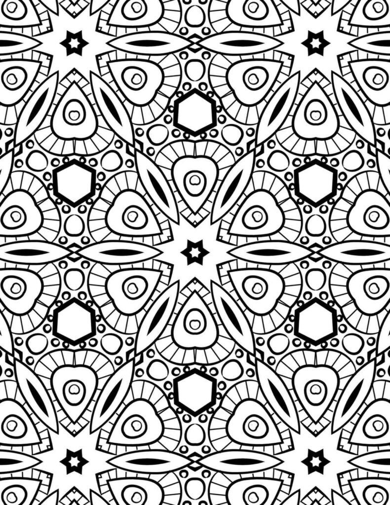 Geometric mandala coloring page with hexagons and stars, intricate patterns, mindfulness art