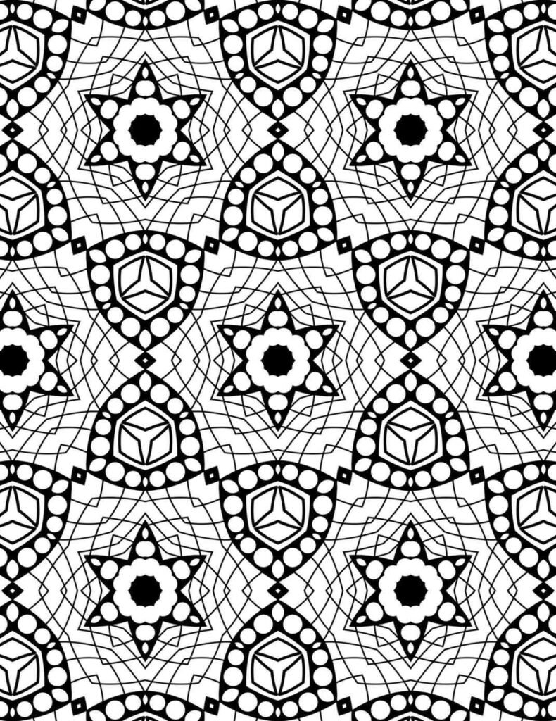 Intricate cosmic lattice mandala design with geometric patterns, stars, and interwoven lines for coloring