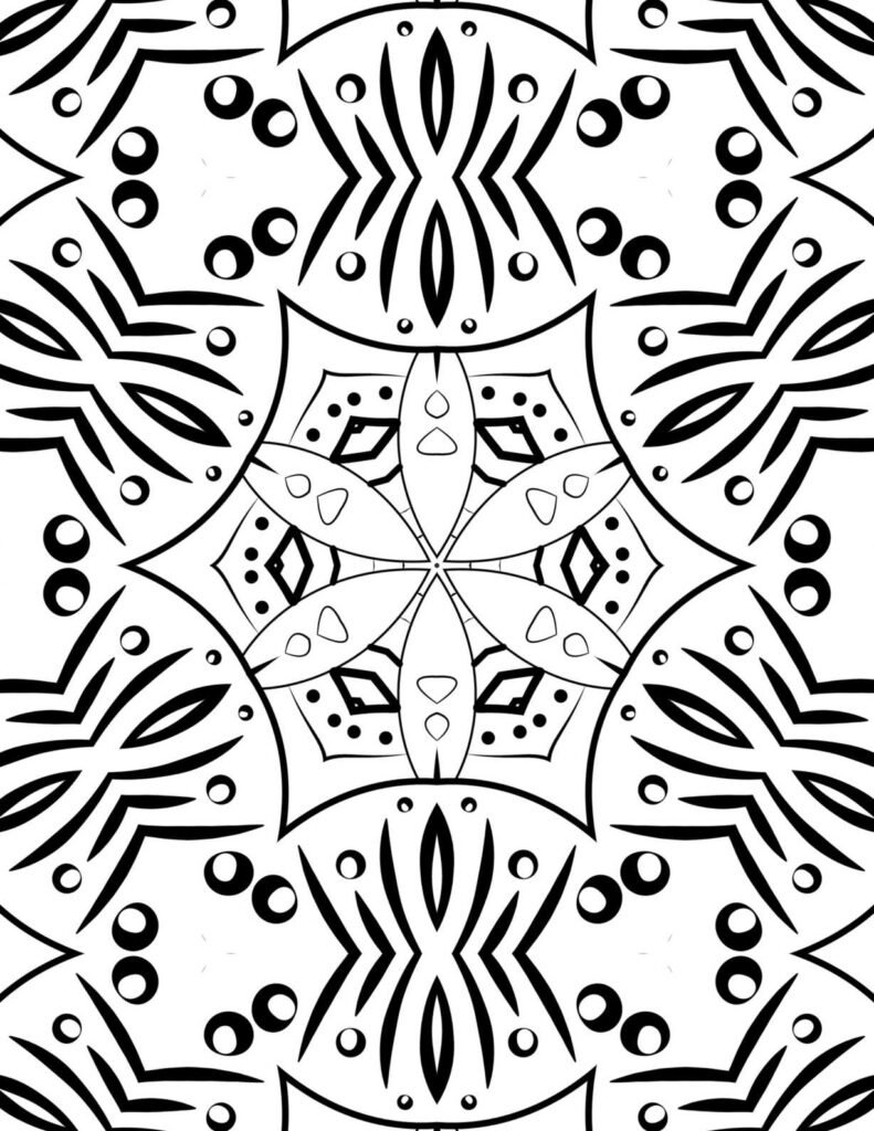 Bold black and white mandala with a six-petal flower center, tribal-inspired patterns, and multiple circular elements for therapeutic coloring.
