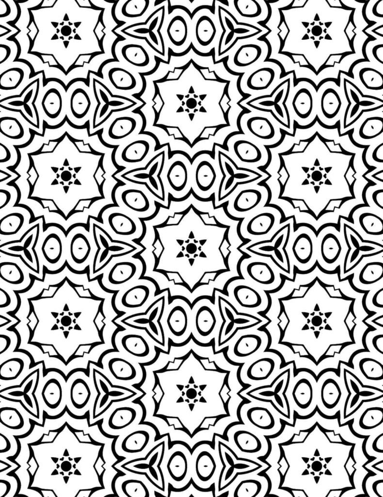 Bold black and white geometric mandala with repeating starburst and oval patterns for coloring