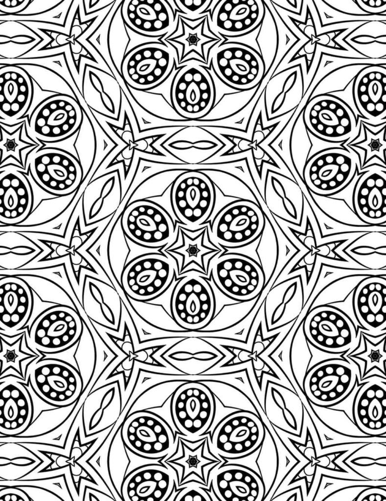 Unique mandala coloring page with seed-like patterns and tribal motifs, inspiring calm and focus.