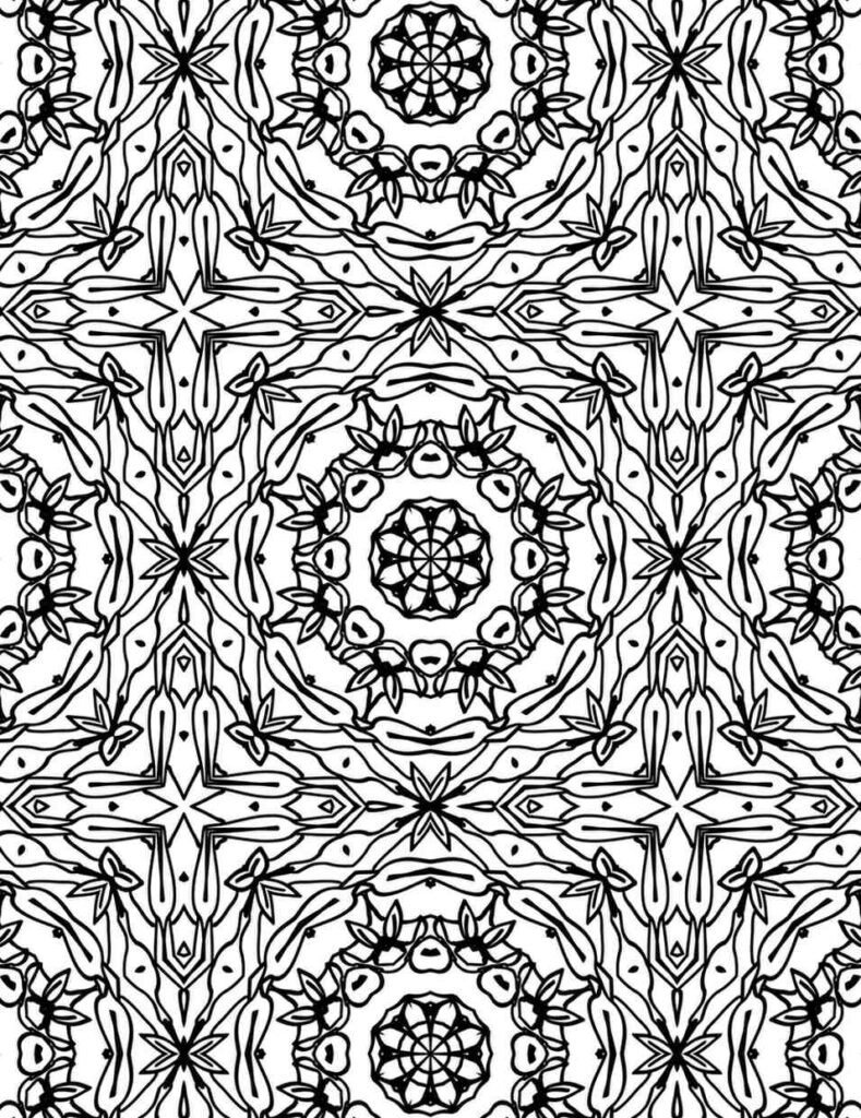 Free printable mandala coloring page featuring repeating star and floral motifs, ideal for relaxation, focus, and artistic expression.