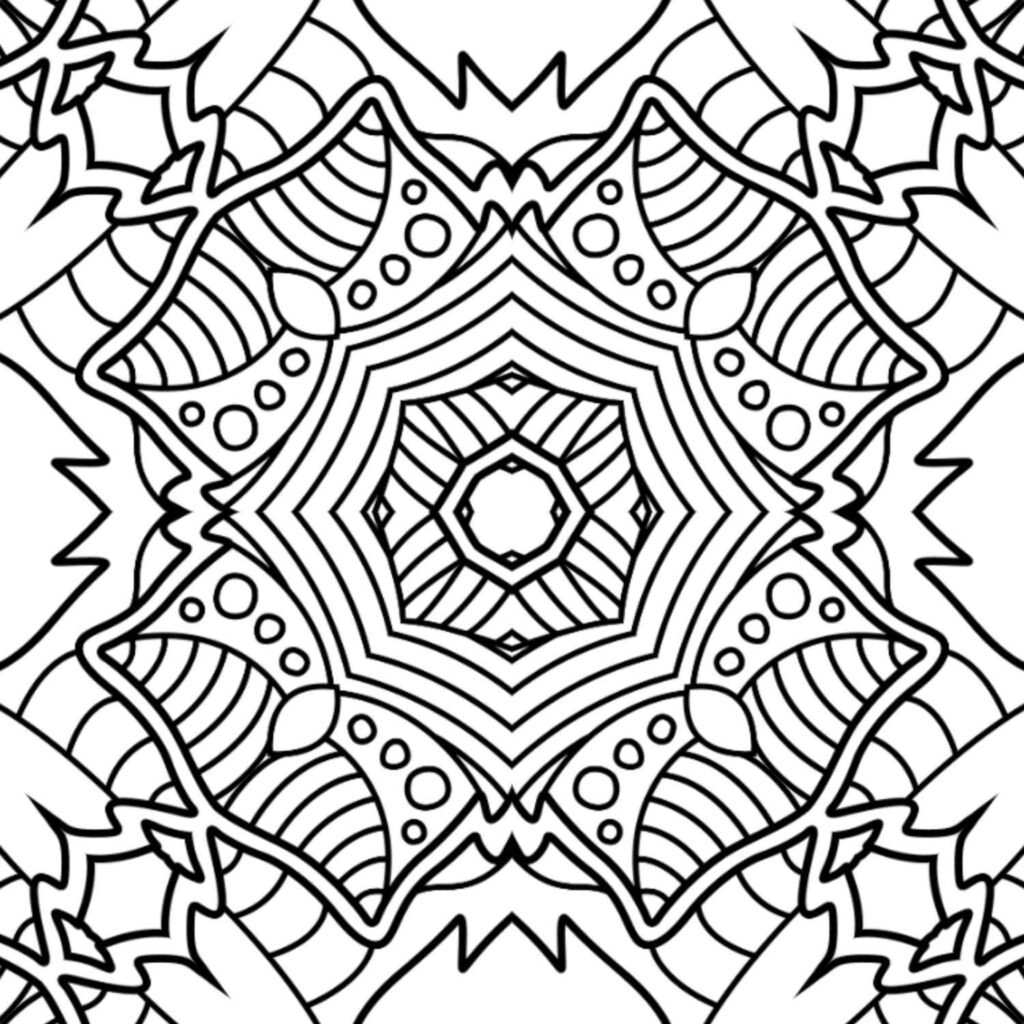 Intricate crystalline star mandala coloring page, free printable for detailed focus, meditative art, and stress relief.