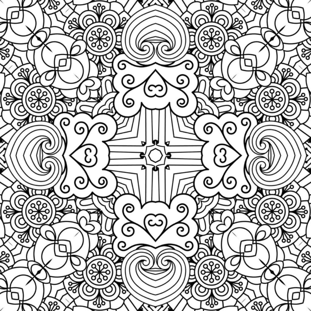 Intricate mandala design with central star and symmetrical curled petal motifs, ideal for adult coloring and relaxation.