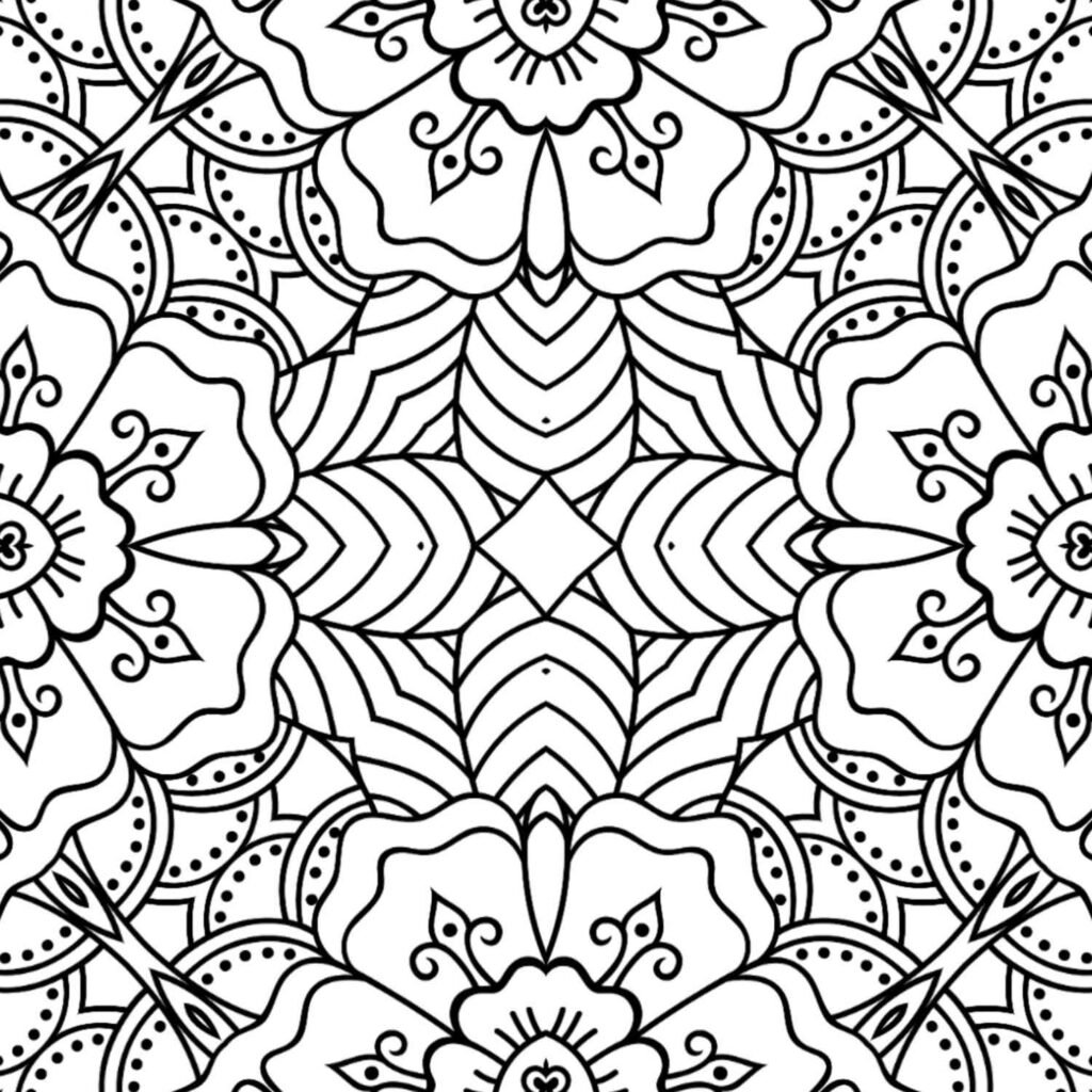 Intricate mandala coloring page featuring diamond shapes and stylized floral motifs for artistic relaxation.