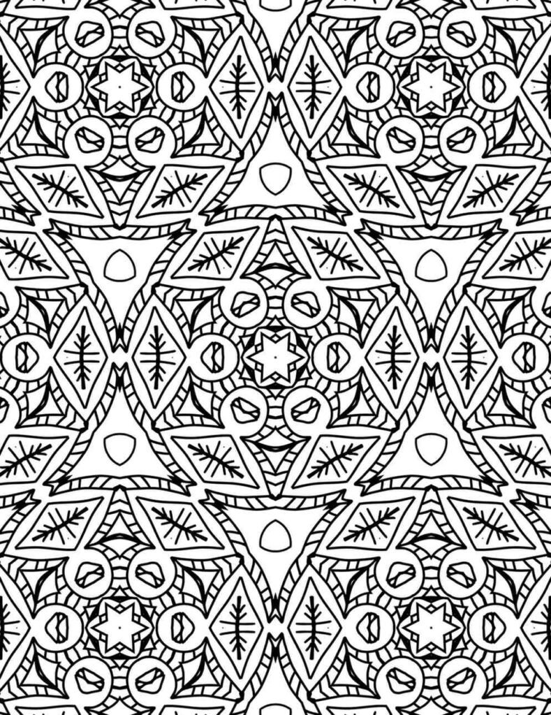 Intricate black and white geometric mandala with repeating diamond shapes, tribal patterns, and star-like motifs, ideal for mindful adult coloring.