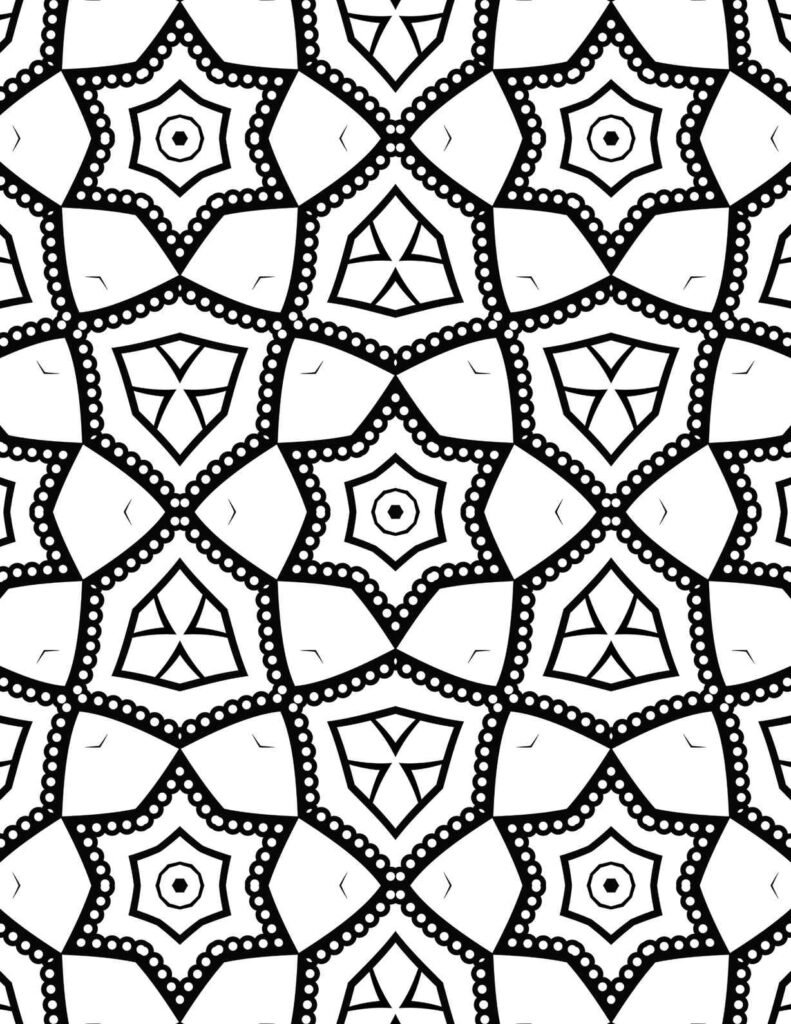 Intricate repeating geometric mandala pattern with dotted star shapes, triangular motifs, and symmetrical outlines, ideal for seamless backgrounds and meditative focus.