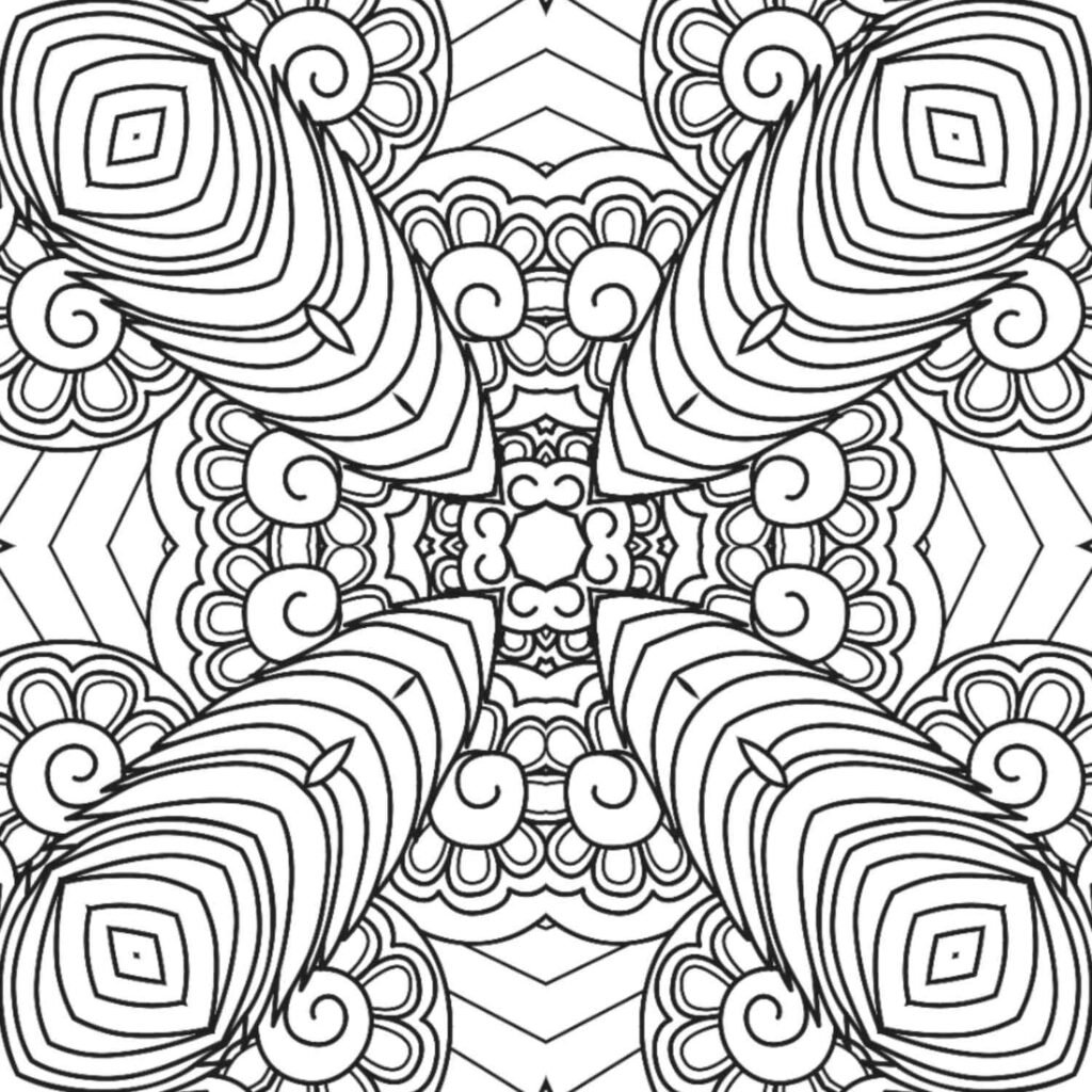 Dynamic bloom and feather inspired mandala coloring page, free printable for energetic creative expression and mindfulness.