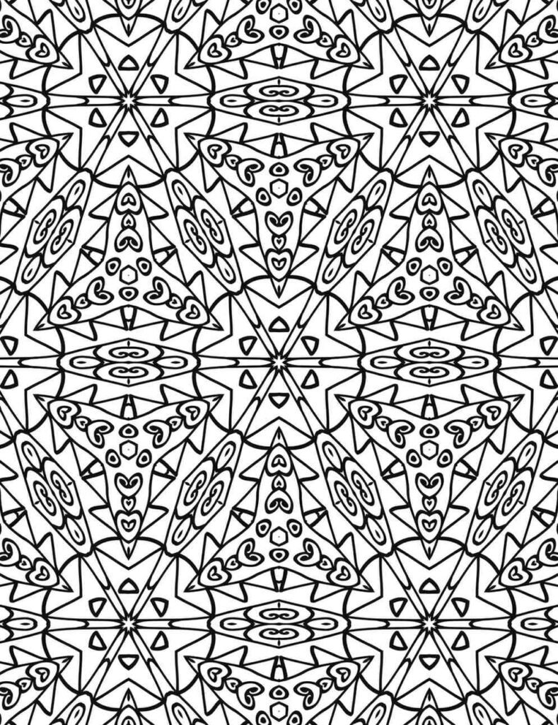 Complex geometric mandala with interlacing patterns, triangles, and heart-like shapes, adult coloring page for relaxation