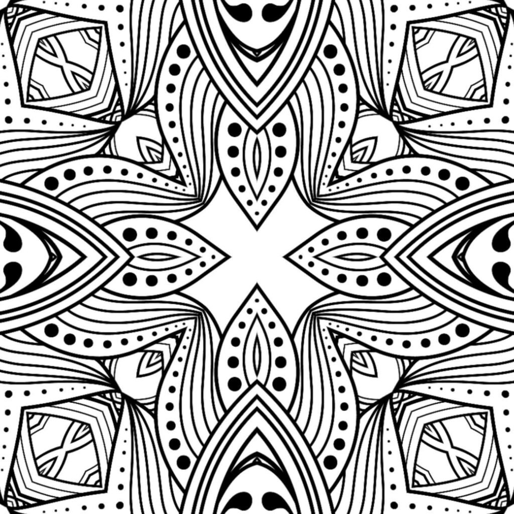 Abstract organic mandala coloring page with bold lines and dot patterns, contemporary art, relaxation