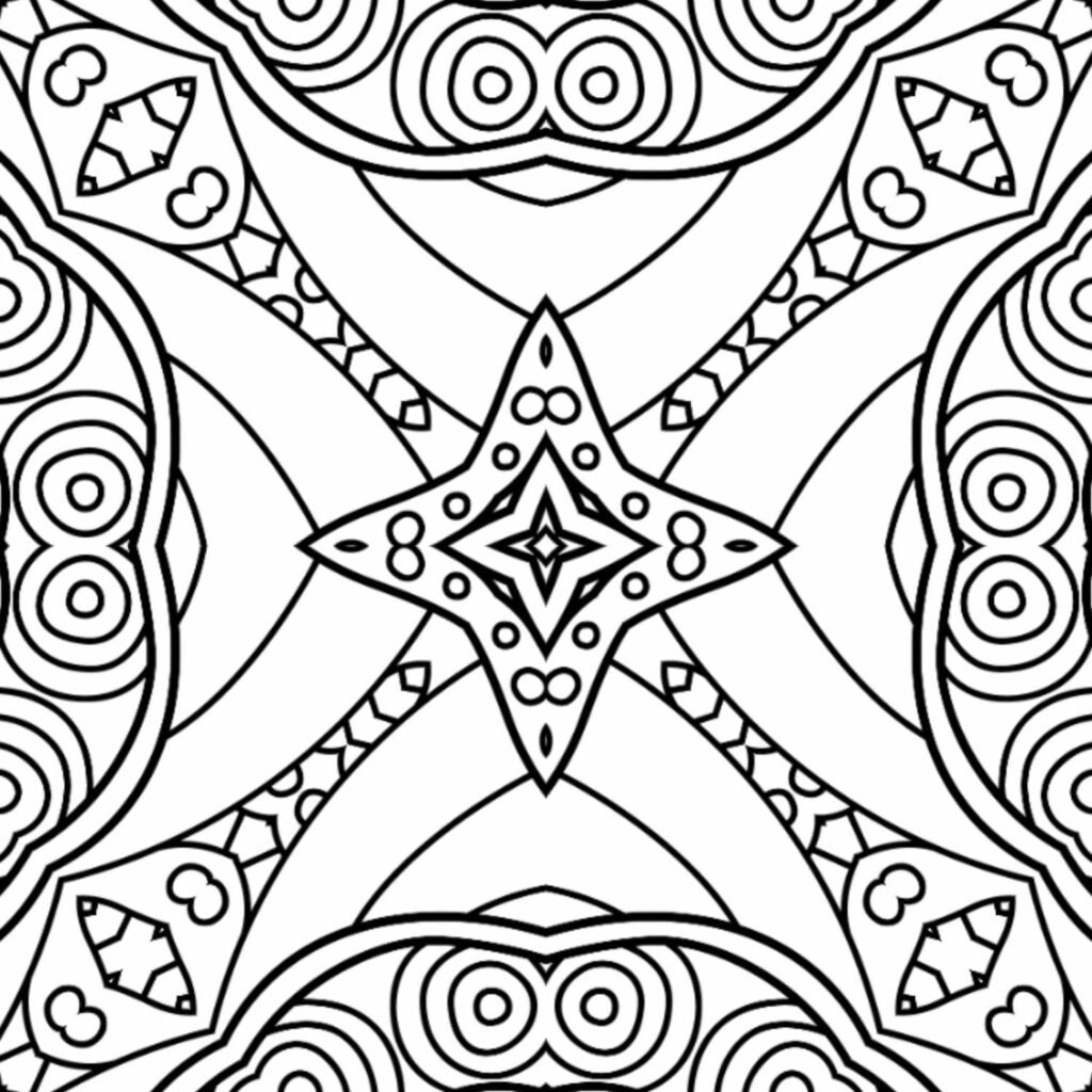 Square mandala coloring page with a prominent central starburst, surrounded by intricate patterns and symmetrical elements.