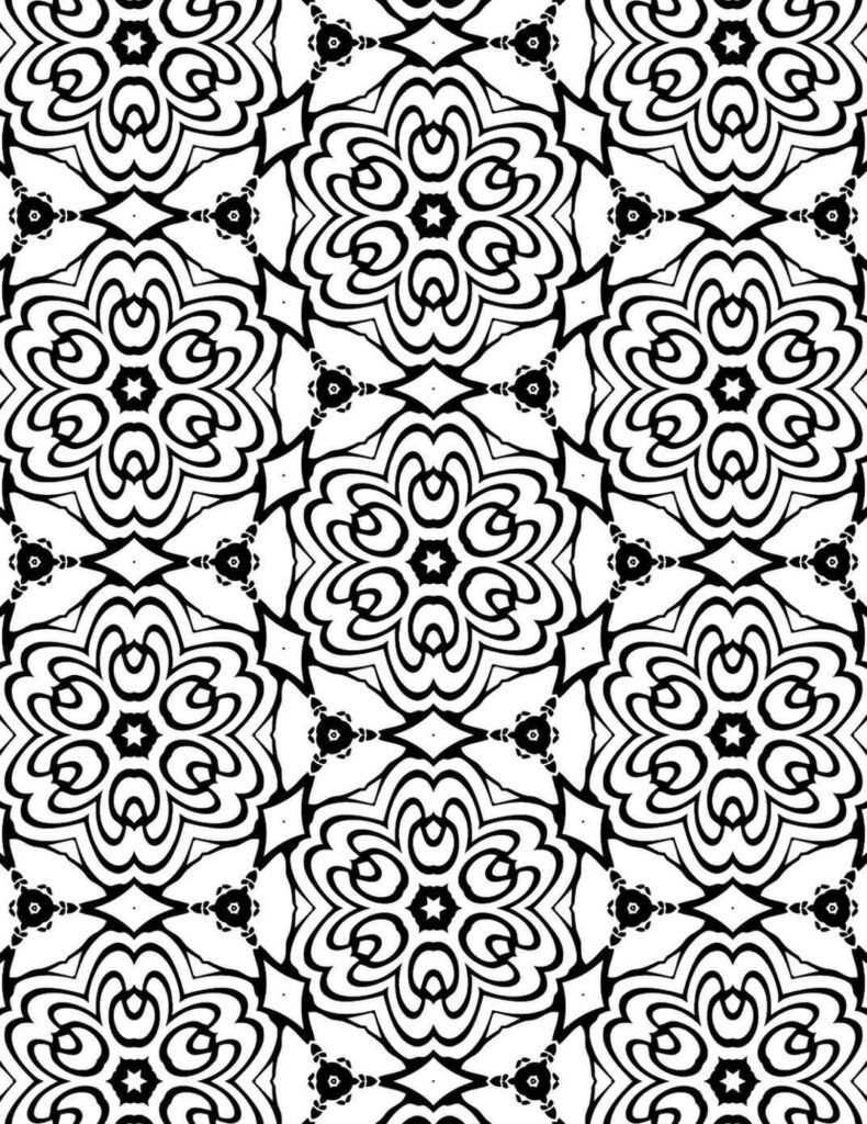 Free printable mandala coloring page featuring a repeating black and white pattern of stylized six-petal flowers surrounded by elegant scrolls and small star accents, perfect for tranquil art and mindfulness.