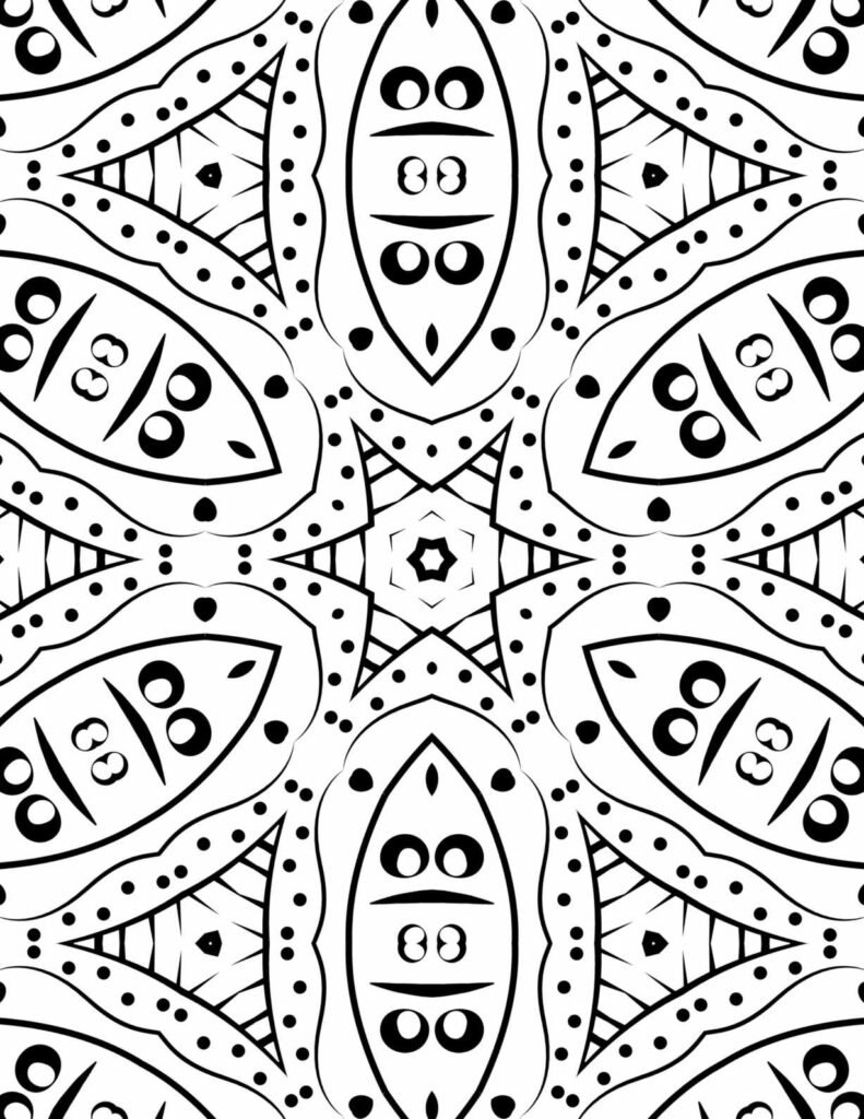 Abstract black and white mandala with a central star, repeating eye-like shapes, and dot patterns for mindful coloring.